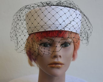 Vintage 1980's Black and White Birdcage Veil Pillbox Hat by Della Made in England