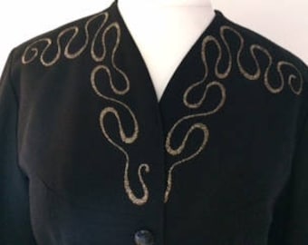 Vintage jacket 80s After Dusk  black evening blazer jacket with gold embroidery size medium