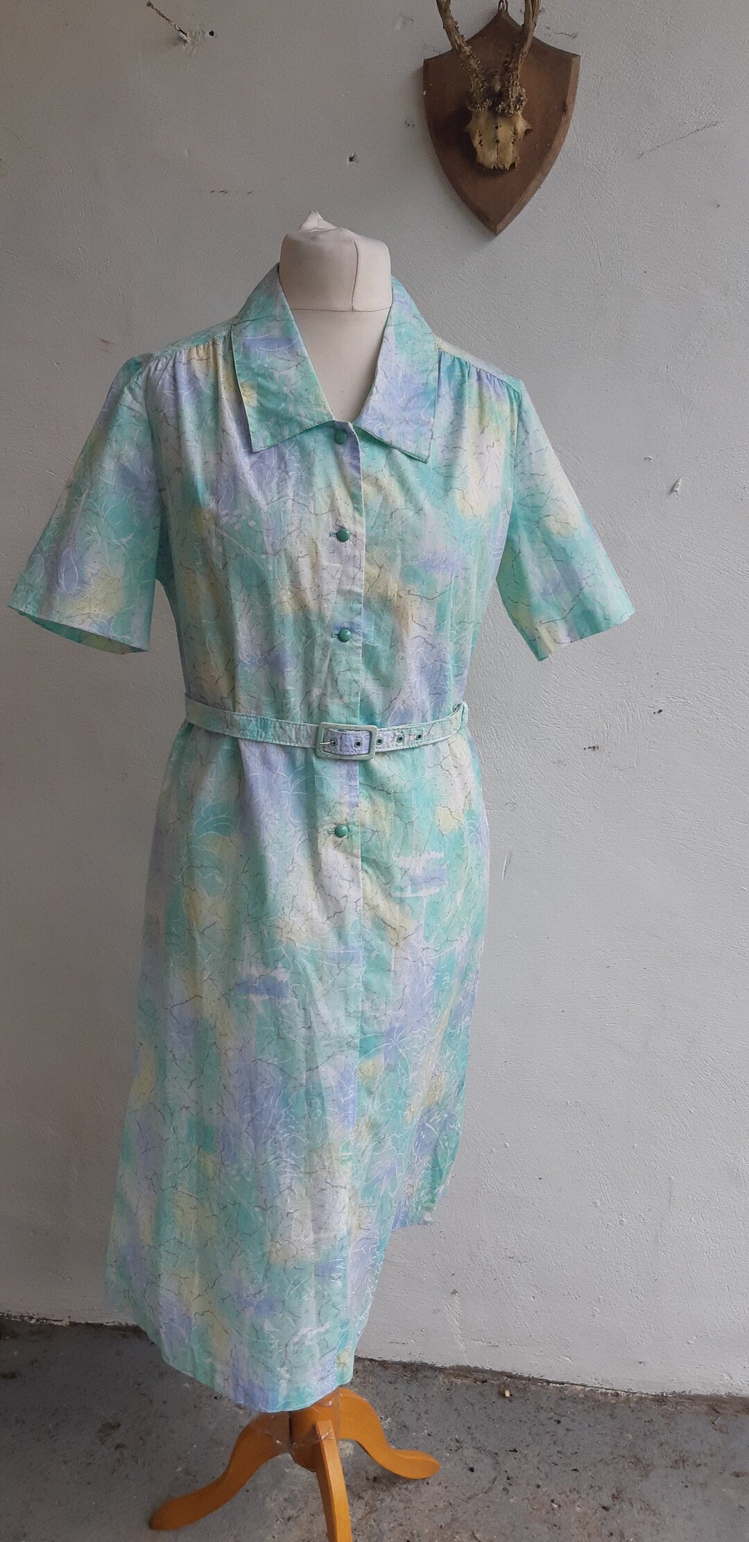 Vintage 70s Dress Shirt Waister by Eastex Green Cotton Floral Belted ...