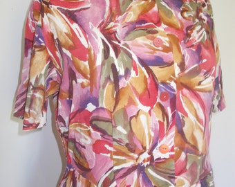 Vintage dress 80s floral dress scoop neck and short sleeves buttons down front large XL