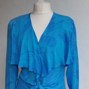 Vintage 80s silk shirt blouse by Tom Bowker for Coterie blue silk long sleeve cape blouse size large