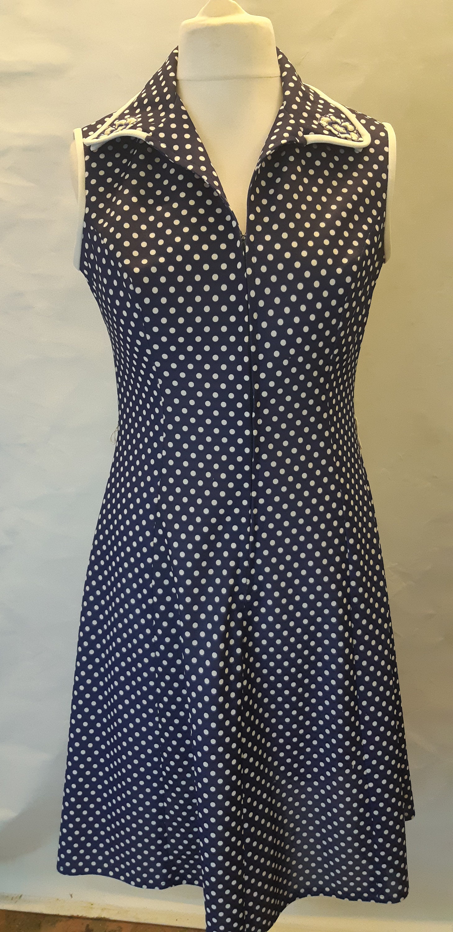 Vintage 70s Dress by Leygil Navy White Spotted Dress With Floral ...
