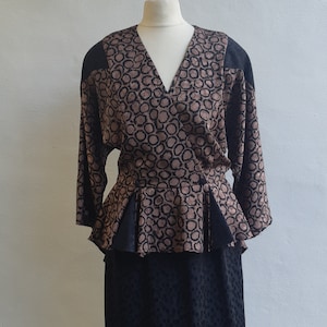 Vintage dress 80s Delphi Made in England Black taupe spotted peplum dress size medium
