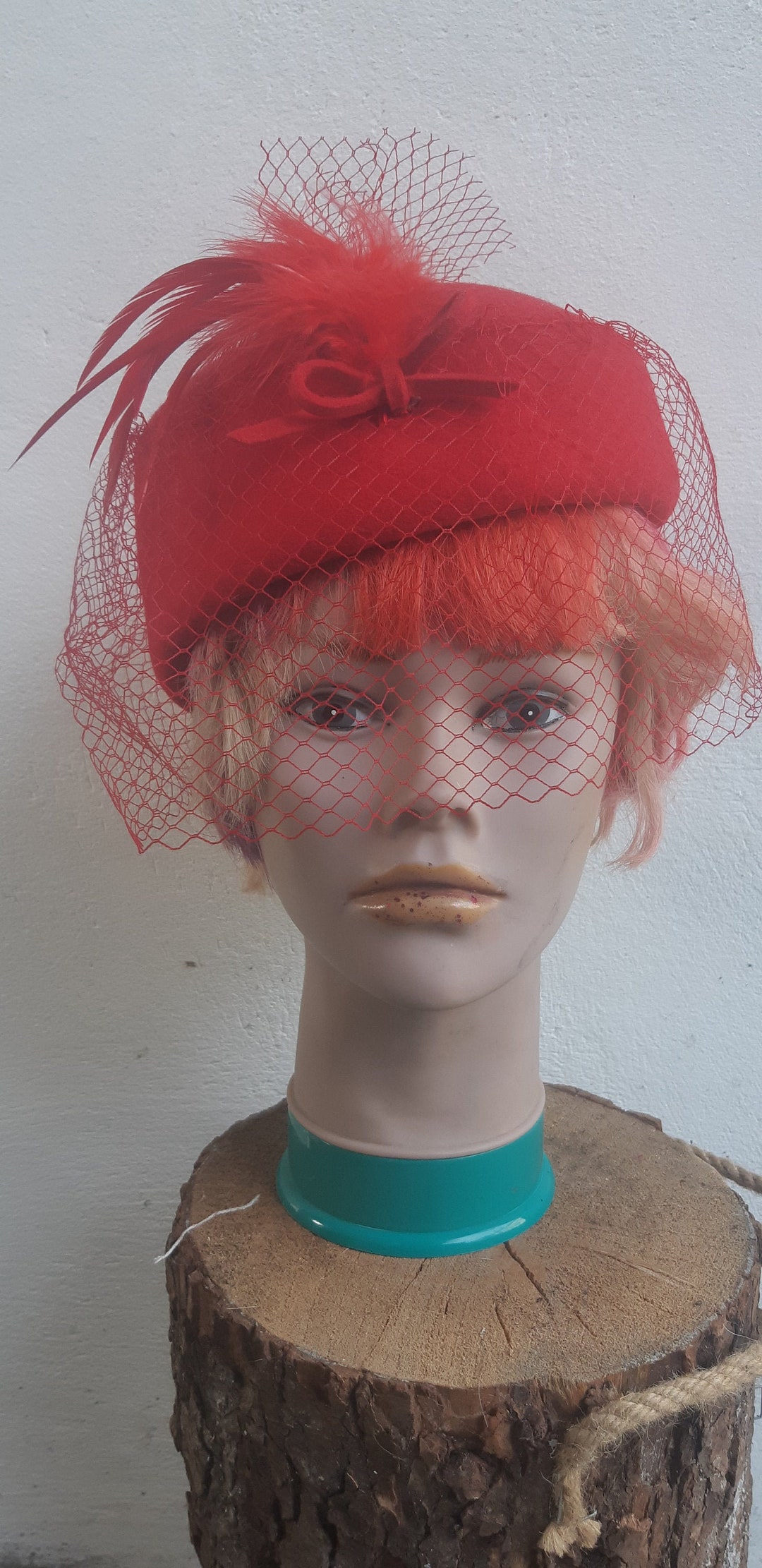 Vintage Pillbox Hat 80s Red Wool With Bird Cage Veil Made in Etsy