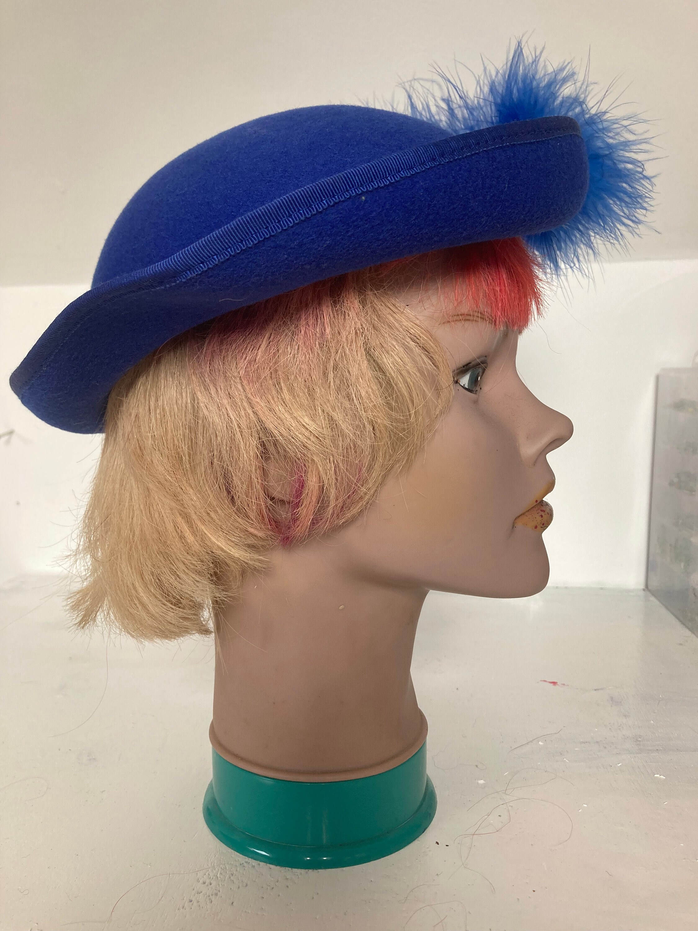 Royal Blue Vintage Hat with Plush Fabric and Ruffled Texture Royal Blue Wool Felt Pillbox Hat! Vintage Style and Timeless  main image 2