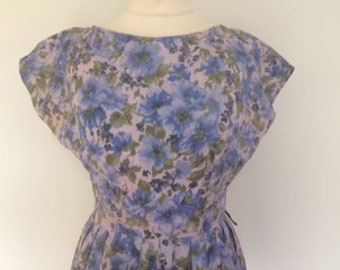Vintage 50s dress blue floral faux silk dress  size small