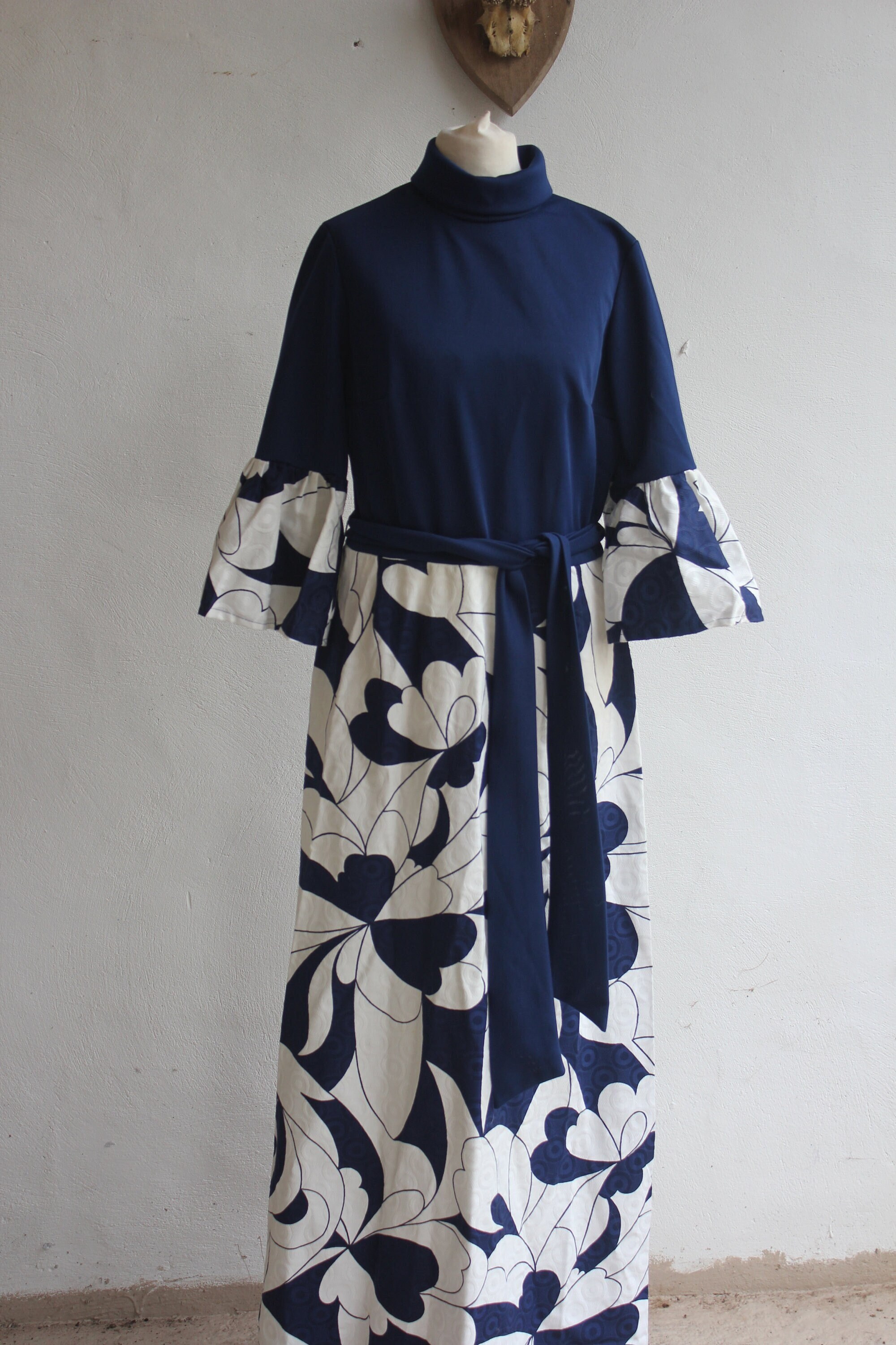 Vintage Tina Warren evening dress maxi dress 60s 70s navy blue dress polo neck evening gown size small to medium  Uk 10 12