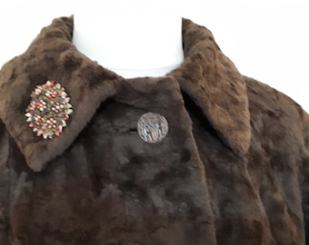 Vintage 1920s Reville of London Chocolate brown faux fur coat with Egyptian Revival buttons womens coat faux fur size Medium