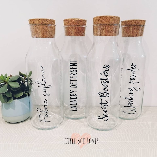 Personalised glass storage bottle, Bottle with cork lid, Kitchen storage, bathroom storage, laundry bottles, home organisation