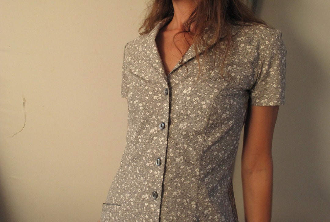 Désirée White and Gray Floral Dress House Dress Cotton Shirt Dress Etsy