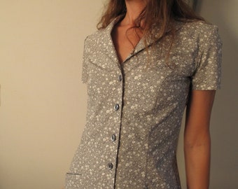 Désirée white and gray floral dress- House dress- Cotton shirt dress