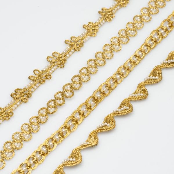 Vintage Gold Thread Faux Pearl Trim 1 Yard (50601027,28,29,30)