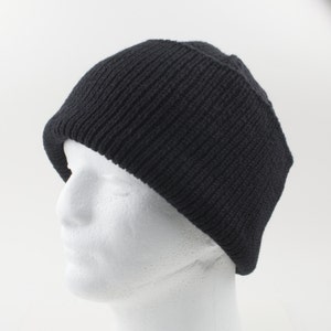 Very Warm Hand Knit Traditional Black Watch Cap; Slouchy Beanie; Couture Style Full Rib Knitting; 100% Wool; for Man or Unisex