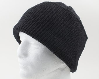 Sehr warme Hand stricken traditionelle schwarz Watch Cap; Slouchy Beanie; Couture Stil voller Bündchen stricken; 100 % Wolle; für Mann oder Unisex