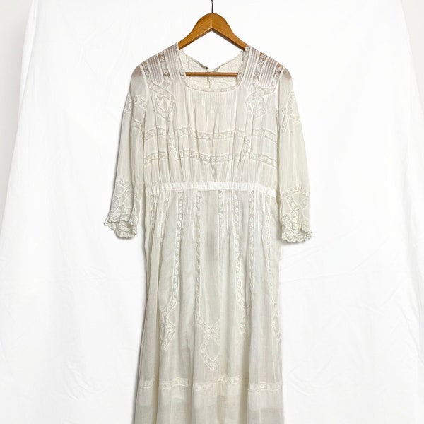 Antique 1900s Edwardian Tea Gown | 1910s White Lace + Cotton Voile Lawn Dress