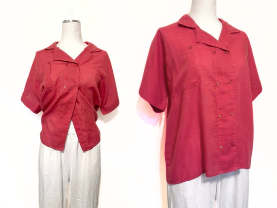 80s Magenta Blouse | size Large - vintage 1980s woven button up short sleeve pink top