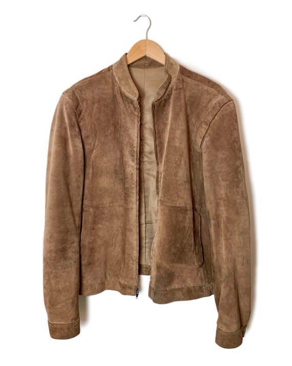 Suede Bomber Jacket | sz medium - vintage 90s microsuede leather dad jacket brown suede zip mens coat