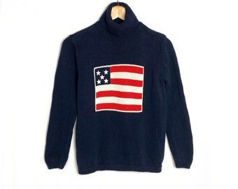 Vintage American Flag Turtleneck Sweater | Vtg Liz Claiborne Pullover | Navy Blue Patriotic Knit Jumper | Size Small