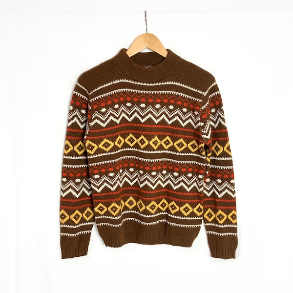 Vintage 1970s Chocolate Bold Pattern Sweater | 60s 70s Mock Neck Knit | Fair Isle | Brown Red Yellow Jumper | Size Small