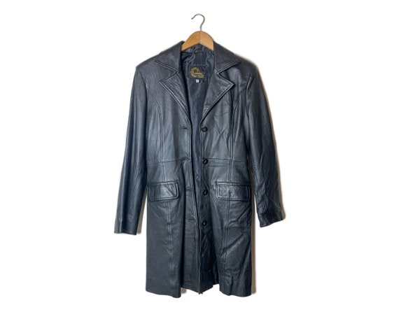 90s Leather Longline Jacket • Size Small | Long Black Leather Fitted A-Line Coat