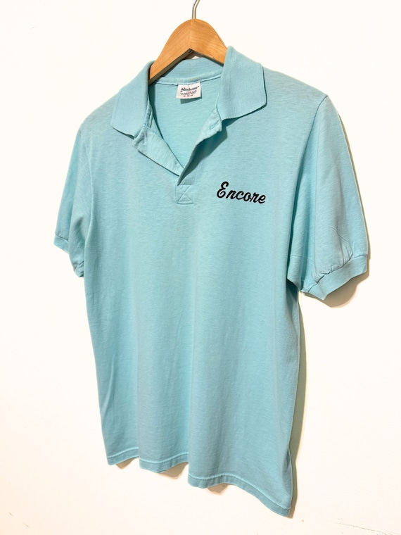 80s Encore Vintage Polo Shirt | size Small | Light Blue Fitted Retro Collared Tee