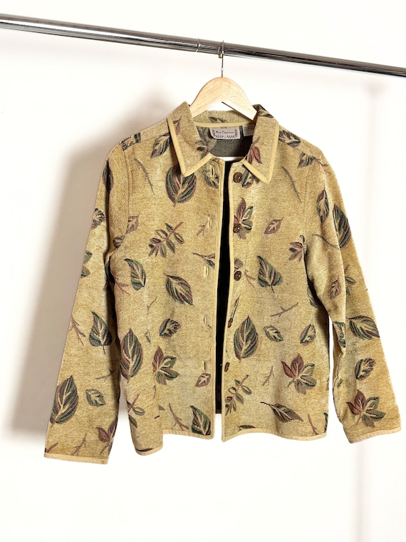 Autumnal Tapestry Jacket | sz Small Medium - vintage y2k soft cotton lightweight chenille earthy cottage core flora leaf coat