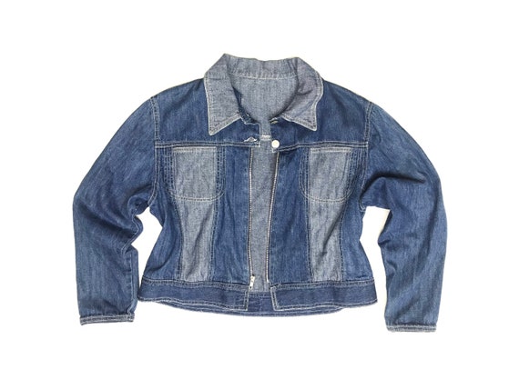 90s Vintage Chambray Paneled Jacket | Boxy Fit Denim Zip Retro Denim Coat