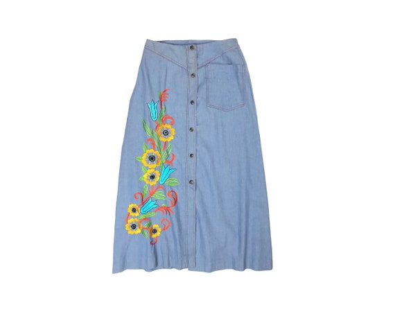 70s Embroidered Maxi Skirt | 30 Waist - vintage chambray boho denim cotton long western snap front skirt
