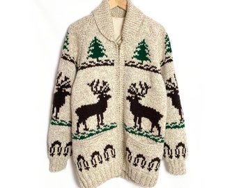 Vintage 40s 50s Deer Cowichan Sweater | Chunky Knit Oversized Cardigan | 1950s Elk Wool Knit | Hand Knit Zip Up Sweater