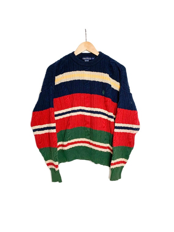 90s Nautica Stripe Cable Knit Sweater | Crew Neck 