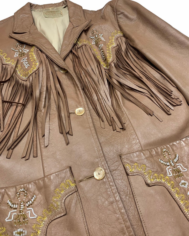 Vintage 50s RARE Pioneer Wear Beaded Fringe Leather Jacket \u2022 ML