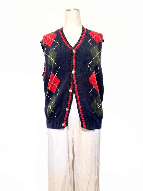 Argyle Sweater Vest | size Large - vintage 90s sleeveless cardigan button front preppy navy red knit waistcoat
