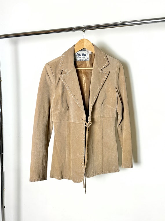 y2k Suede Tie Front Jacket | sz small/medium - vintage paris blues tan blazer boho 90s brown leather coat