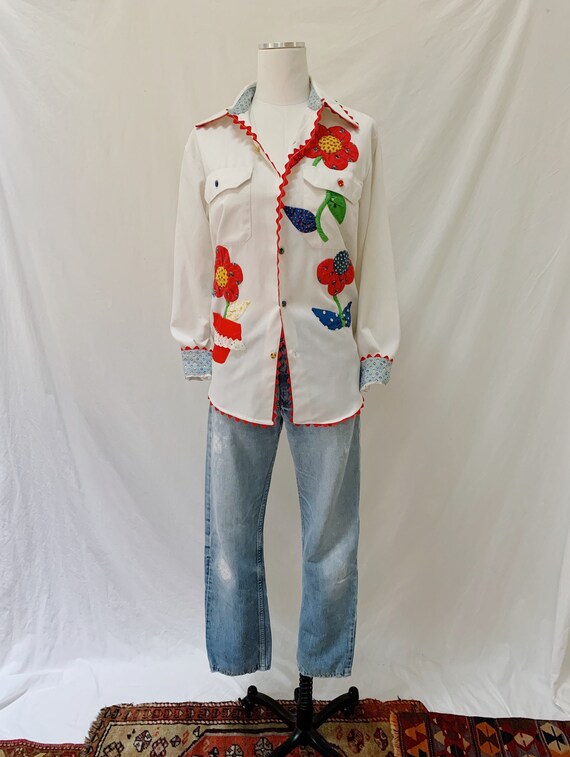 Vintage 70s Feed Sack Appliqué Shirt