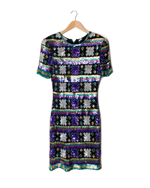 90s Silk Sequin Midi Dress • Size XS | Sparkly Beaded Wiggle Dress Vintage Cocktail Party