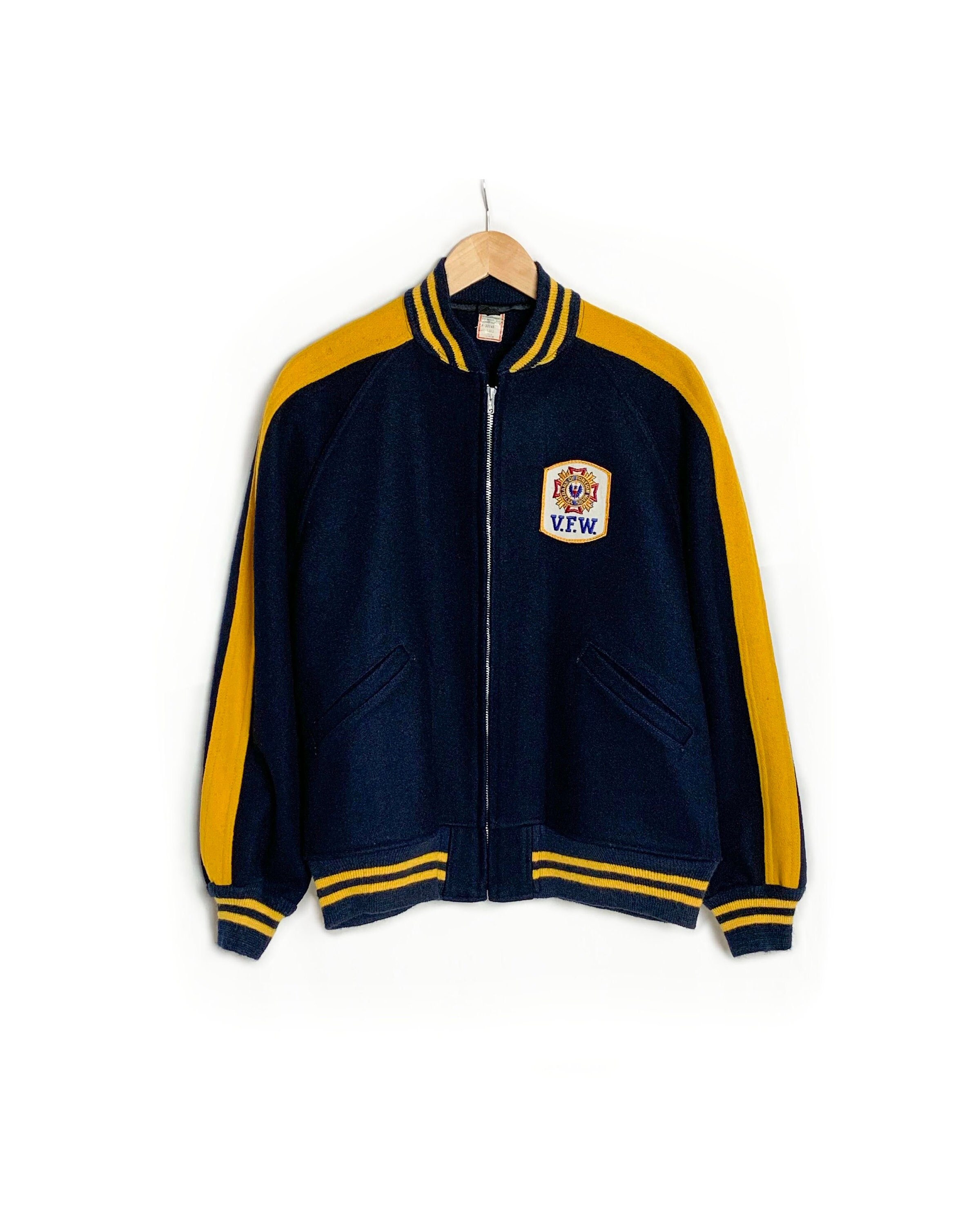 Vintage 50s VFW Wool Bomber Jacket 60s Navy Blue Gold Men