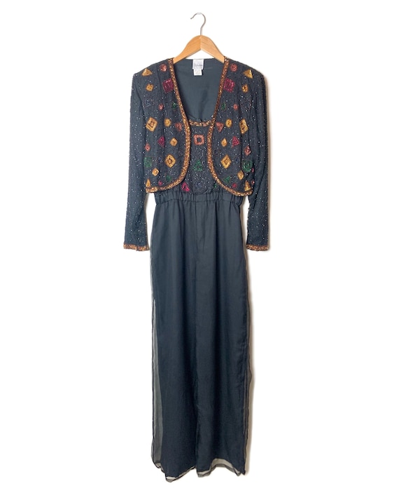 90s Beaded Silk Sequin Jumpsuit with Jacket • Size Small | Vintage Black Two Piece Set | Cocktail Party Holiday Jumpsuit