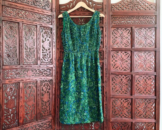 Vintage 50s Paisley Sequin Wiggle Dress • Medium