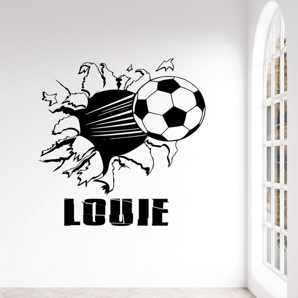 Custom Soccer Ball Bursting Through Wall Decal - Custom Sports Decal, soccer decal, custom wall decals, sports wall decal, kids room decor