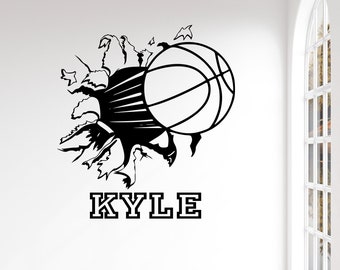 Custom Basketball Bursting Through Wall Decal - Custom Sports Decal, basketball decal, custom wall decals, wall decal, kids room decor