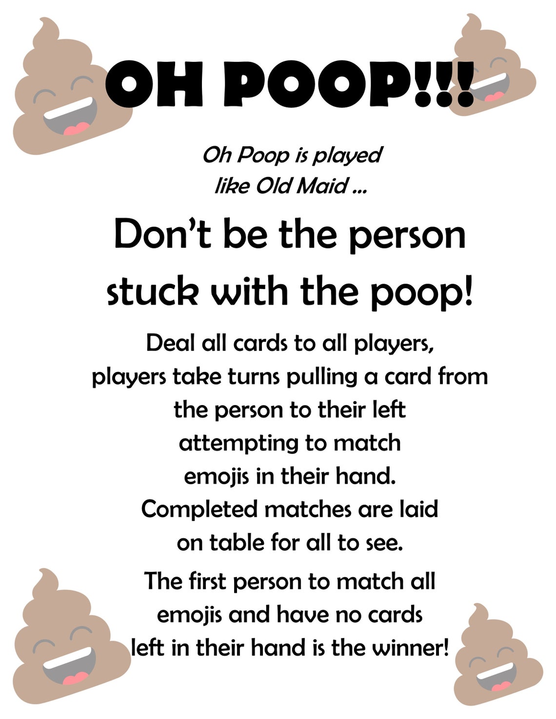 Digital Downloadable Oh Poop Card Game Like Old Maid Etsy
