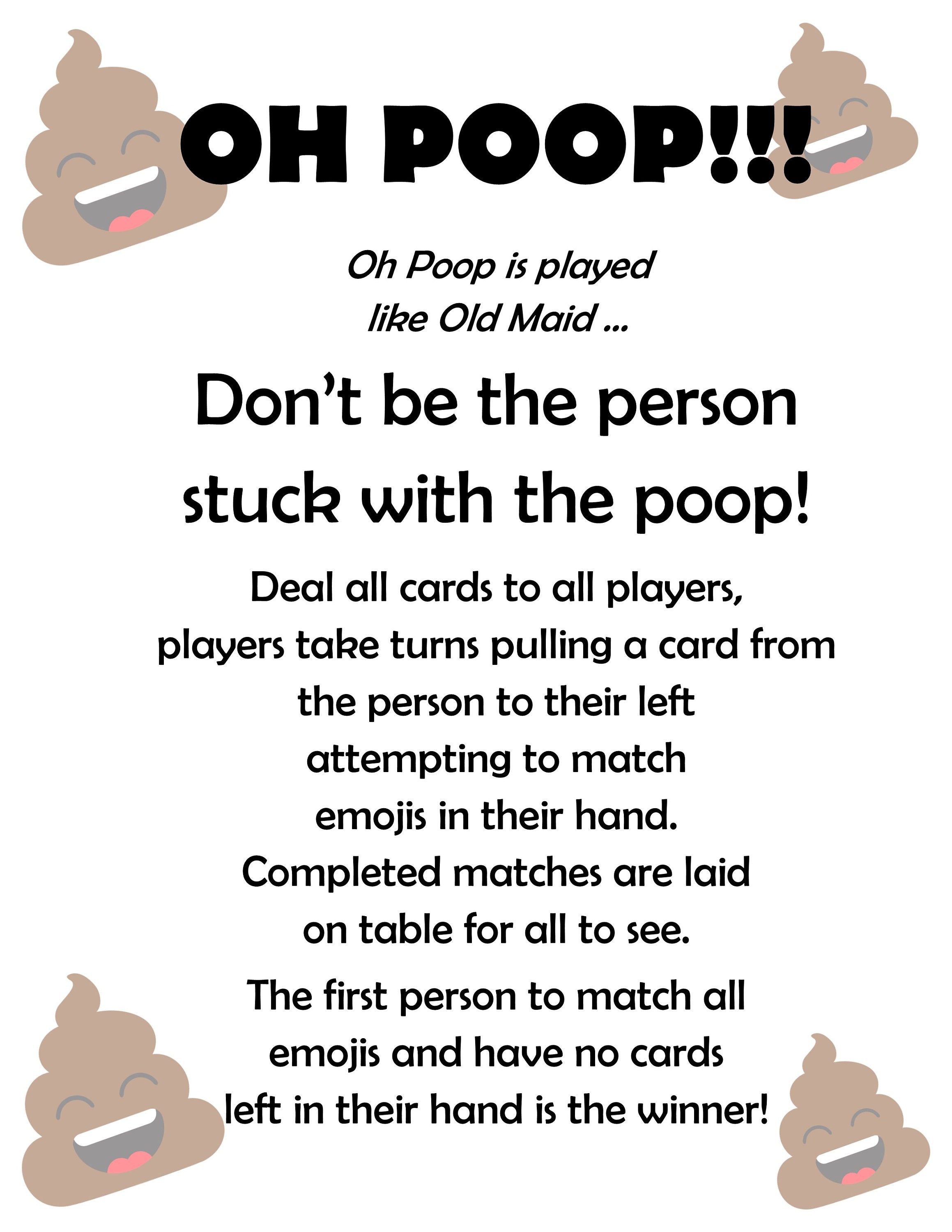Digital Downloadable Oh Poop Card Game Like Old Maid Etsy