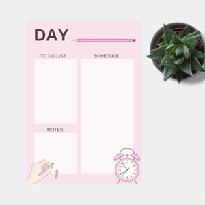 May include: A pink printable daily planner with sections for a to-do list, schedule, and notes. The planner also features a pink alarm clock and a pink pencil.