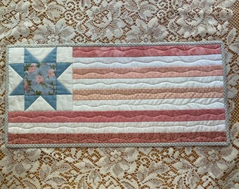 Handmade Pink Flag Quilt Wall Hanging – Soft Country Americana Mini Quilt