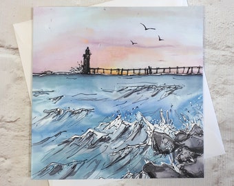 Lighthouse Painting Card ~ Sea Waves Card, Fishing Pier Art, Seaside Birthday Card, Mens Blank Card, Coastal Seascape Card, Greetings Card