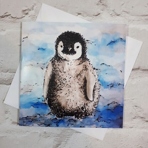 Carte de Noël mignonne ~ Carte de Noël écologique, Carte de pingouin empereur, Cartes de Noël de pingouins, Carte de Noël pour bébé, Carte de Noël bleue