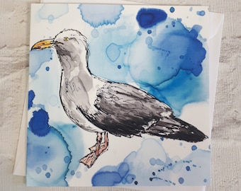 Seagull Card ~ British Seagull Art, Nautical Birthday Card, Herring Gull Painting, Gull Bird Art, Beach Scene Card, Card for Bird Lover