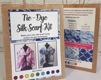 Kit foulard en soie tie-dye ~ Kit créatif pour femme, kit créatif pour enfants, ensemble shibori tie-dye, kit créatif pour adultes, travaux manuels tie-dye, cadeau art festif