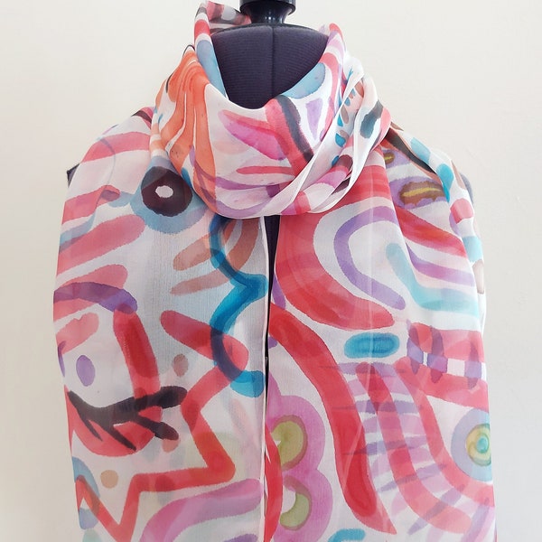 Aboriginal Pattern Scarf ~ Abstract Silk Scarf, Multicoloured Accessories, Hippie Style Scarf, Psychedelic Scarf, Abstract Red Pattern Scarf