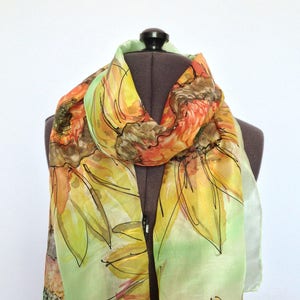 Sunflower Silk Scarf ~ Hand Painted Silk Scarf, Sunflower Accessories, Yellow Fashion, Sunflowers Shawl, Green Bandanna, Floral Pashmina